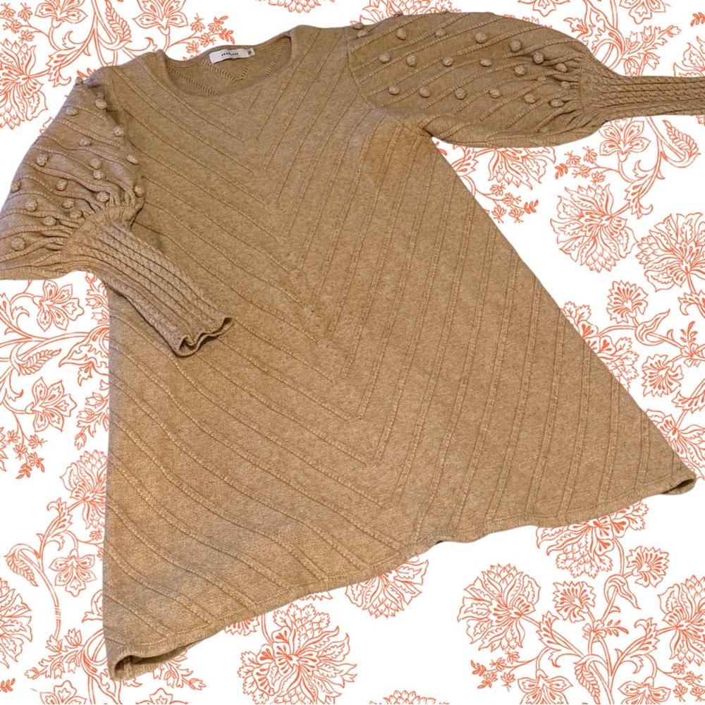 Tan Knit Sweater with Textured Sleeves
